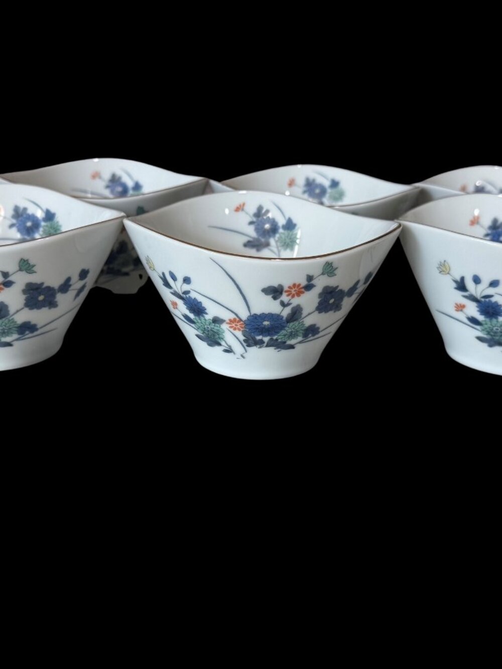 Set of 6 Vintage OMC Otagiri Blue/Orange Flower Gold Trim Porcelain Rice Bowls